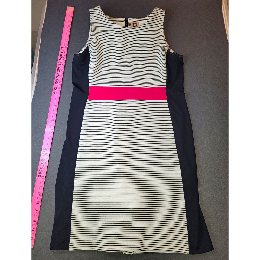 Anne Klein Black White Pink Striped Pencil Knee Dress Sleeveless Scoop Zip 8